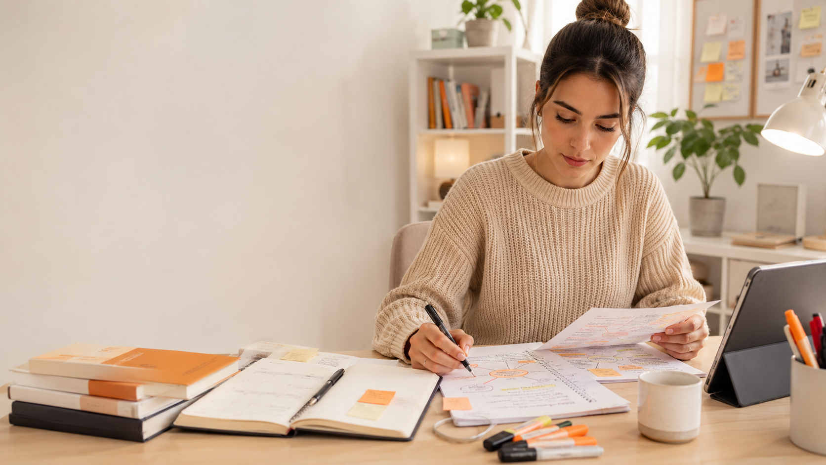 Opositora organizando el último mes de oposiciones docentes con planificación, método y materiales de estudio